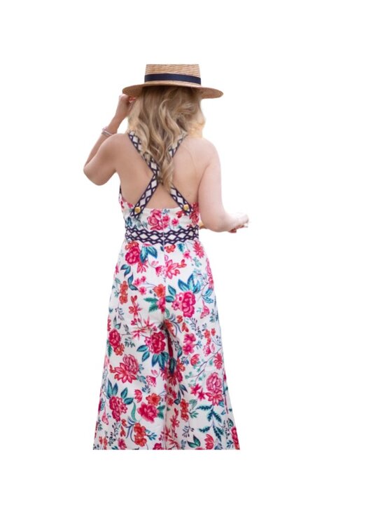 Eliza J Pants - Eliza J White Floral Wide Leg Jumpsuit 8 V-Neck Cotton Blend Romper Wedding